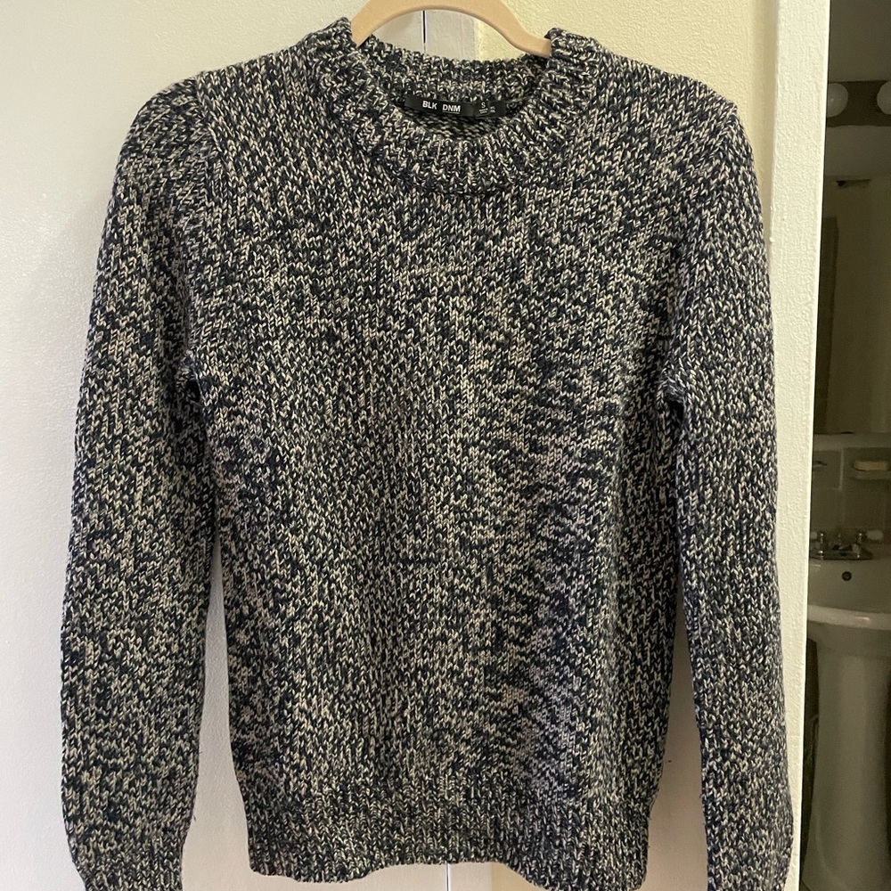 BLK DNM wool sweater, mixed navy and light gray knit, size S